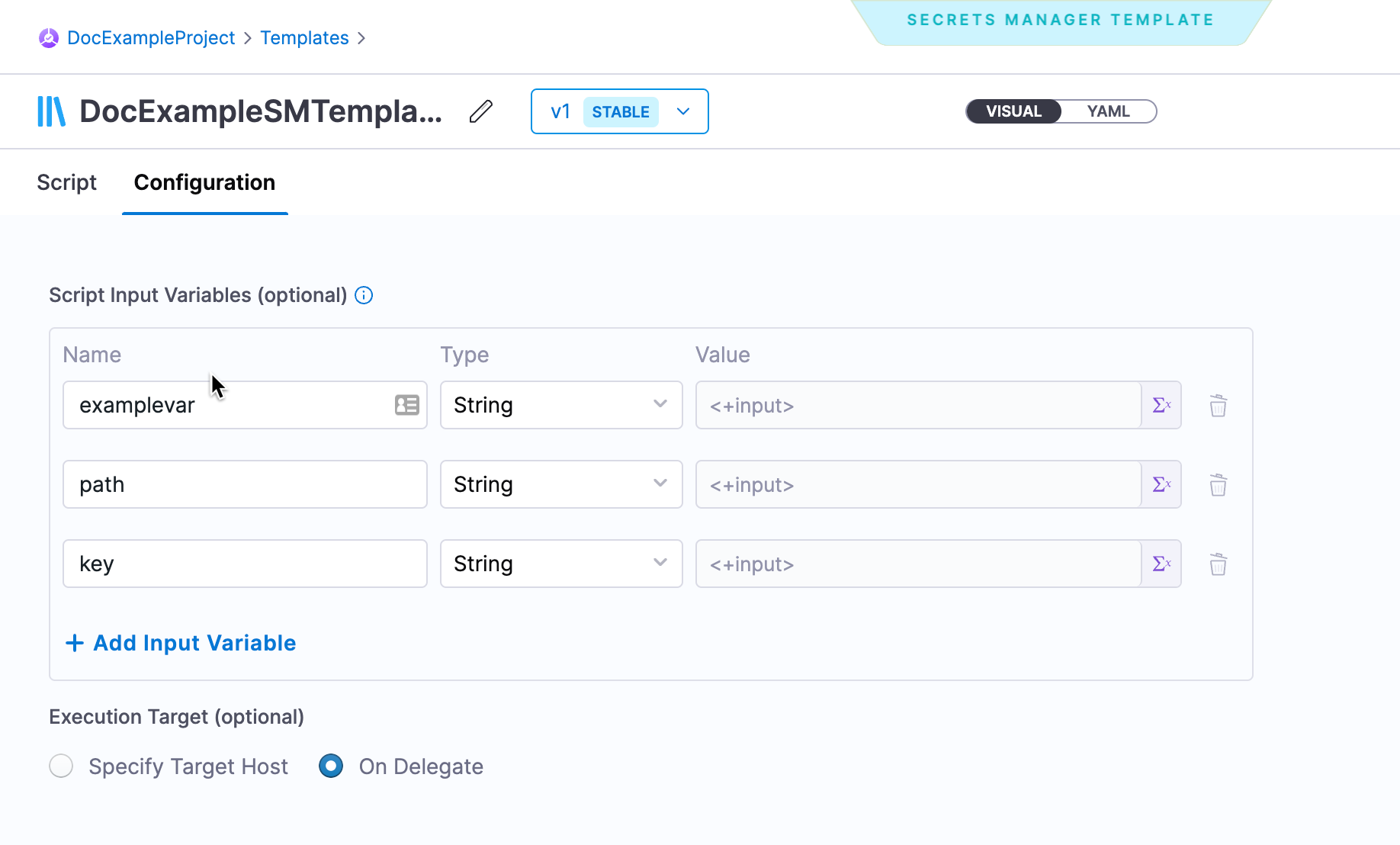 The image shows the configuration tab for creating a secrets manager template. The user has specified three variables whose data type is string and whose values are to be specified at run time