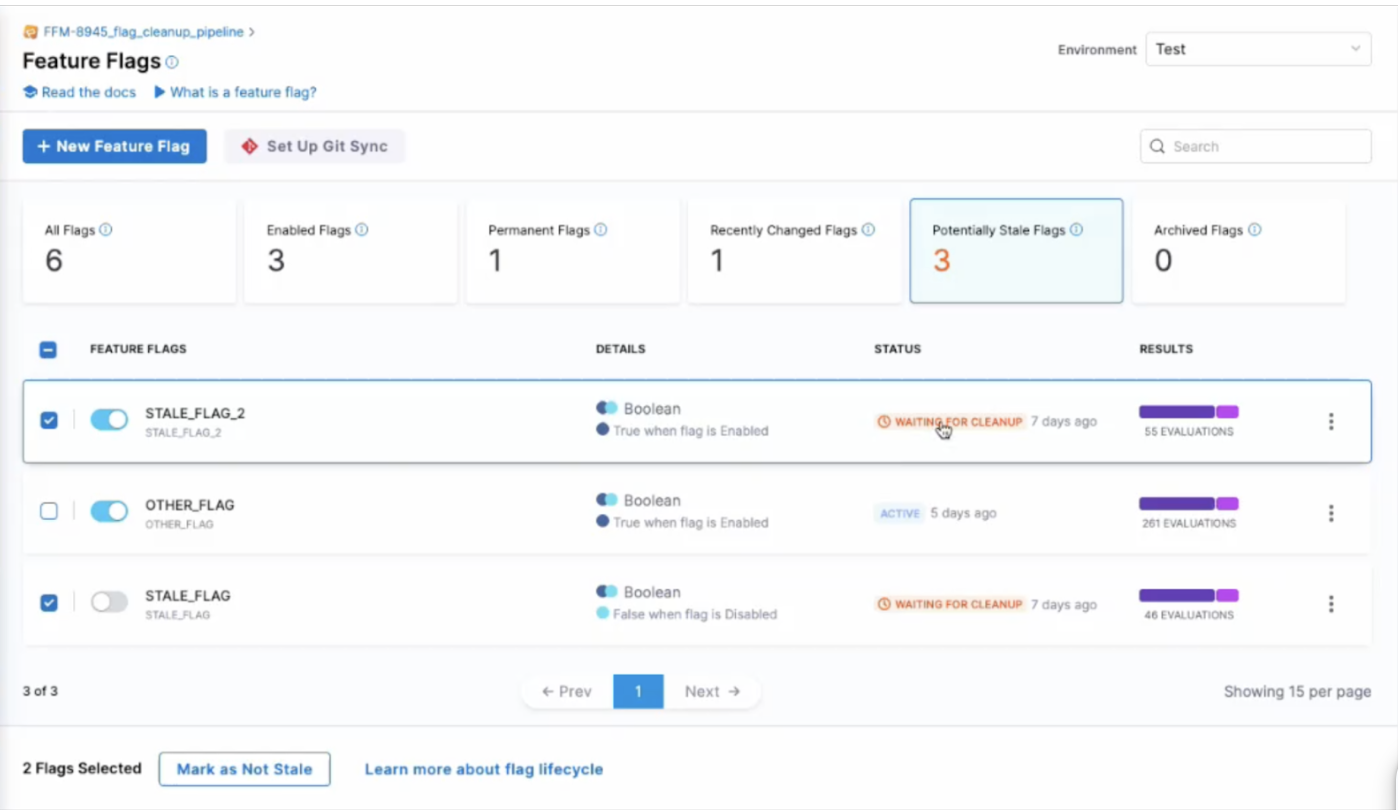 A view of the Harness Feature Flags dashboard with the potentially stale flags filter selectd